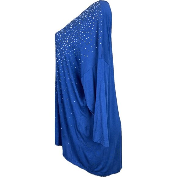 Design History XXL Blue Sapphire Studded V-Neckline 3/4 Sleeve Step-Hemline Top - Picture 6 of 7